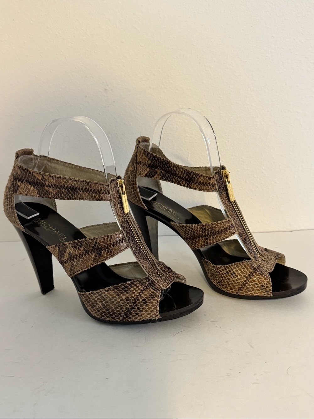 Michael Kors Berkley Brown Snake Print T-Strap Peep Toe Heels